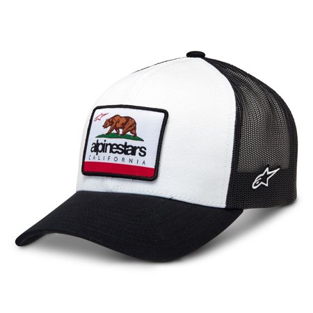White and black trucker cap featuring a bear graphic and "alpinestars CALIFORNIA" text on the front, with a mesh back for breathability, size one size fits all.