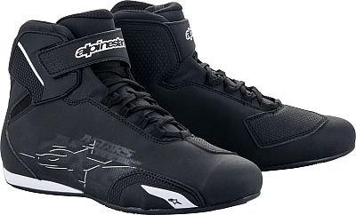 Black and white Alpinestars Sektor shoes featuring a sleek design, lace-up front, ankle support, and a rubber sole, size 12.5 US.