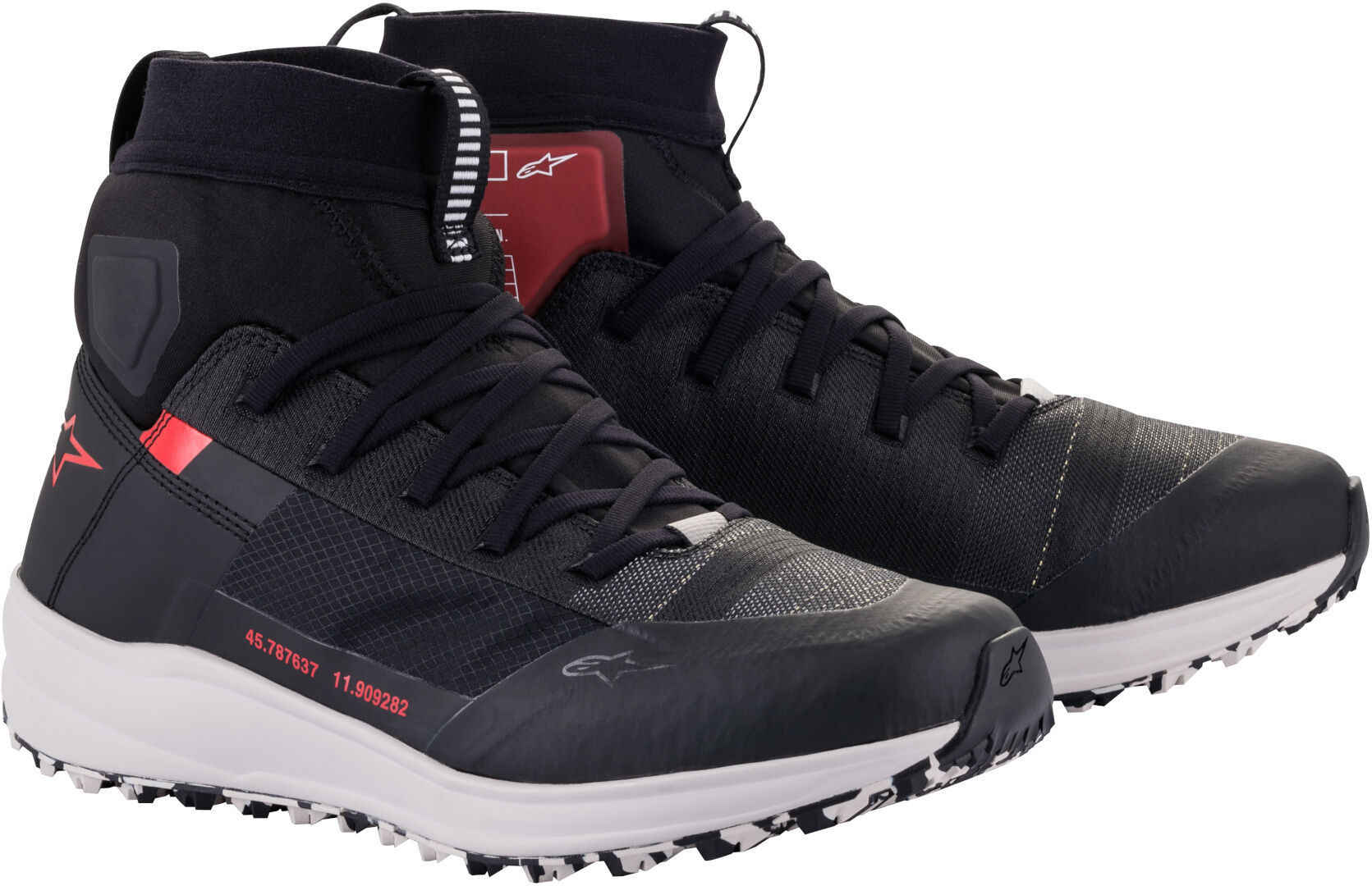 Alpinestars Speedforce shoes in black, white, and red, featuring a high-top design, textured materials, and a rugged sole, size 10 US.
