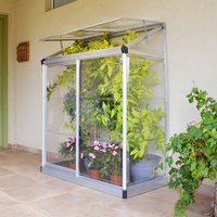 Silver Palram Canopia lean-to mini greenhouse with clear panels and hinged roof, housing potted plants.