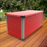 Red metal garden storage box with ribbed sides, grey corner supports, and a flat lid on a wooden deck.