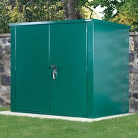 Green Asgard Securestore metal shed, 5' x 3', with double doors and padlock, set on grass with stone wall backdrop.
