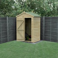Wooden storage shed, 5'x3', shiplap design, windowless, apex roof, pressure treated, natural wood color, in garden setting.