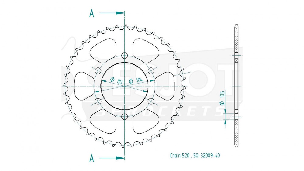 Steel sprocket with 43 teeth, designed for 520 chain, featuring a circular shape and detailed measurements for installation.