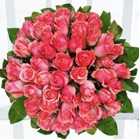 Bouquet of 50 vibrant pink roses with lush green leaves, arranged in a circular pattern.