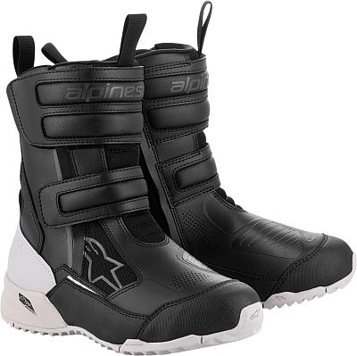 Black and white Alpinestars Stella RT-7 women's boots featuring a durable Drystar material, adjustable straps, and a rugged sole, sized 39 EU.