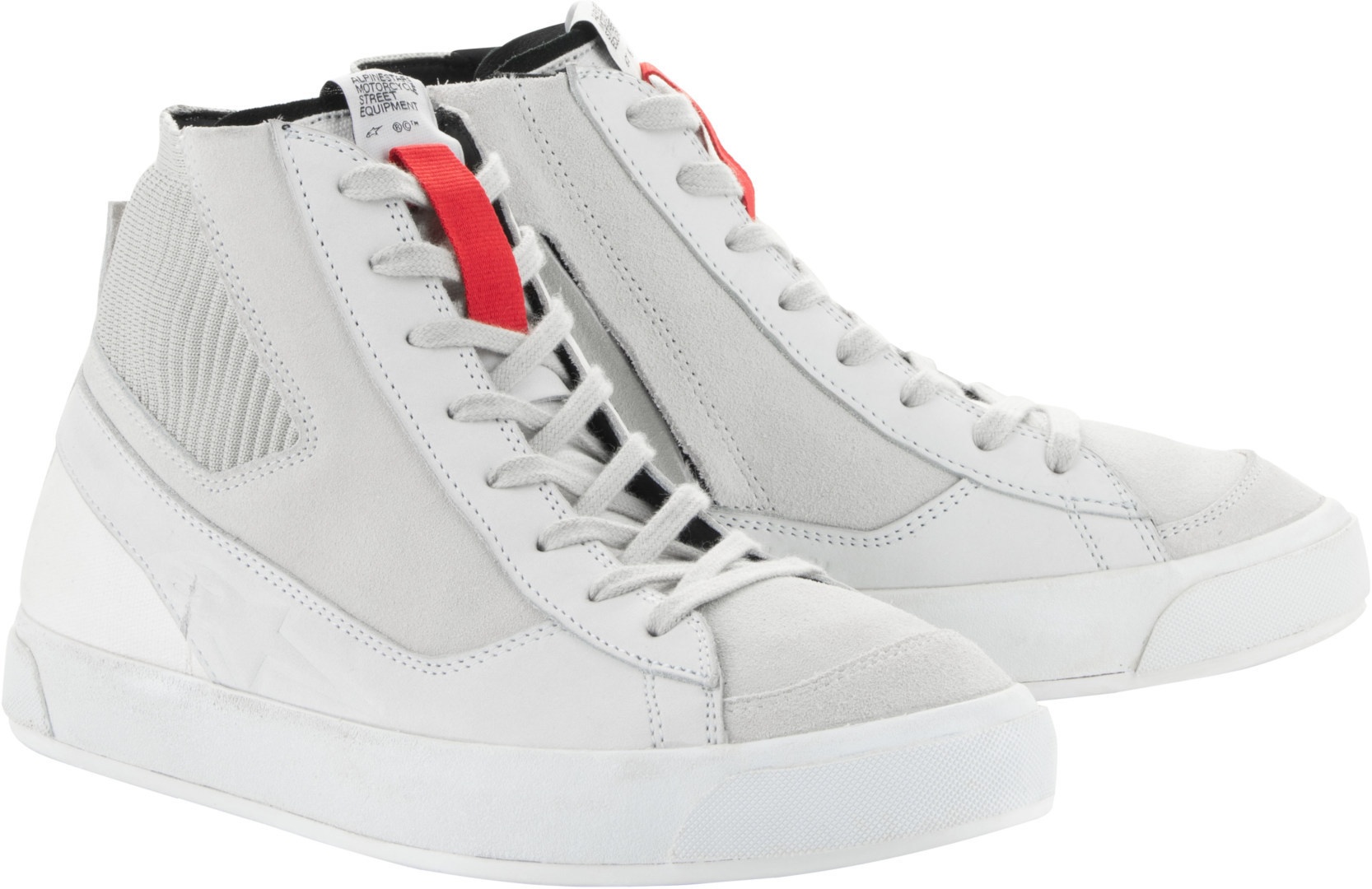 White and light grey high-top shoes with red accents, featuring a textured side panel, lace-up front, and a rubber sole, size 10 US.