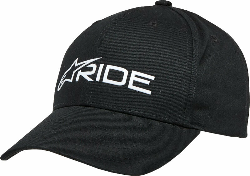 Black snapback hat featuring a white "RIDE" logo and Alpinestars star emblem, made from durable fabric with a classic curved brim.