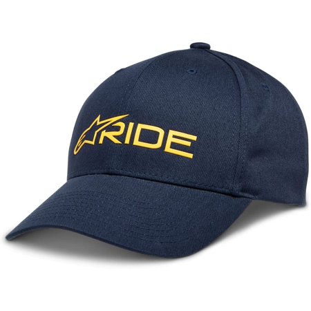 Navy blue unisex hat featuring a prominent gold "RIDE" logo and a structured cap design, made from durable fabric with a curved brim.