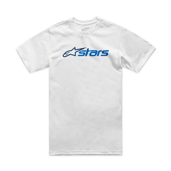 White short sleeve t-shirt featuring a blue "stars" logo on the chest, made from soft cotton material, designed for a comfortable fit.
