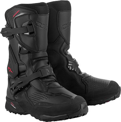 Black Alpinestars XT-8 Gore-Tex adult street motorcycle boots featuring a sturdy design, adjustable straps, and textured grip soles, size 42.