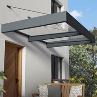 Grey clear door canopy with metal frame and transparent roof panels, mounted above a wooden door on a white wall.