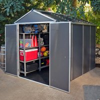 Dark grey plastic shed with multi-wall panels, open double doors, and visible interior shelves with assorted items.