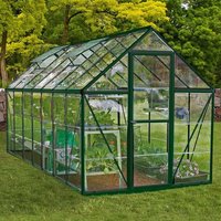 Green polycarbonate greenhouse with peaked roof, clear panels, and sturdy metal frame, measuring 6’ x 14’.