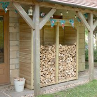 Wooden log store with slatted sides, pent roof, and two compartments filled with stacked firewood.