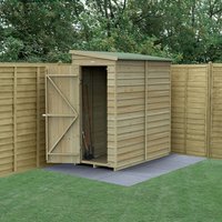 Wooden shed with overlap cladding, windowless design, single door, and sloped roof, set on a paved area.