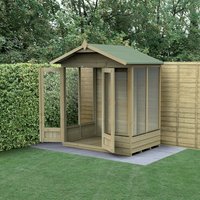 Wooden apex-roof summer house with double doors, large windows, and green roof, set against a garden backdrop.
