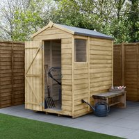 Wooden apex shed with overlap panels, single door, window, and pressure-treated timber, 6' x 4' size by Forest Garden.