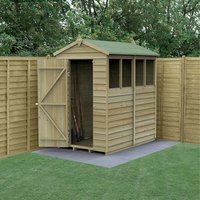 Wooden apex shed with four windows, open door, overlap panels, and green roof, set against a wooden fence.