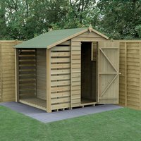 Wooden apex shed with logstore, overlap panels, green roof, open door, on concrete base, surrounded by fencing.