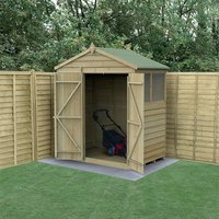 Wooden shed with double doors, apex roof, overlap panels, and pressure-treated finish, set in a fenced garden area.