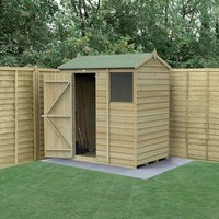 Wooden shed with reverse apex roof, single door, and window, pressure-treated timber, set on a concrete base.