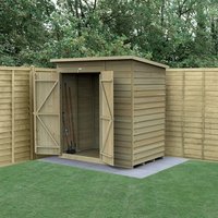 Wooden shed with double doors, windowless, overlap cladding, pressure treated, set on grass with fence backdrop.
