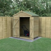 Wooden apex shed, 6'x4', pressure-treated, windowless, double doors open, forest backdrop, green roof, natural finish.