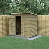 Wooden shed with overlap cladding, windowless design, single door, and flat roof, set against a wooden fence.