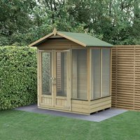 6' x 4' wooden summer house with double doors, apex roof, and large windows, set against a garden backdrop.