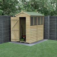 Wooden apex shed with shiplap panels, green roof, and four windows, door open showing lawnmower inside.