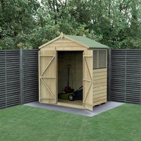 Wooden apex shed with double doors, shiplap panels, pressure-treated, 6'x4', green roof, window, on grass.