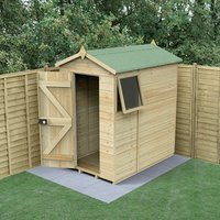 Wooden apex shed with green roof, open door, side window, tongue and groove panels, set on concrete slabs.
