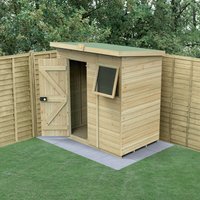 Wooden pent shed with tongue and groove panels, single door, and window, set against a garden fence backdrop.
