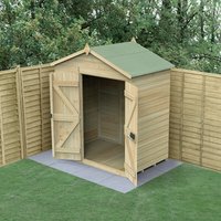 Wooden windowless apex shed with double doors, tongue and groove panels, green roof, set on concrete slab in garden.