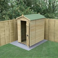Wooden windowless apex shed with tongue and groove panels, green roof, and single door, set on a concrete base.