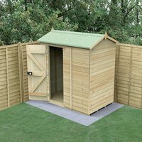 Wooden windowless reverse apex shed with green roof, single door, and tongue and groove panels, set on a patio.