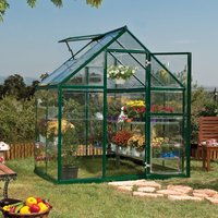 Green polycarbonate greenhouse with sloped roof, clear panels, and green frame, featuring a hinged door and ventilation window.