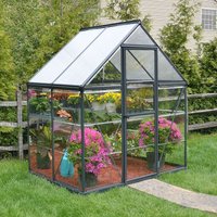 Grey polycarbonate greenhouse with sloped roof, clear panels, and metal frame, housing plants and flowers inside.