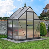 Grey greenhouse with clear panels, sloped roof, and black frame, 6' x 4', by Palram Canopia, in a garden setting.