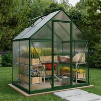 Green polycarbonate greenhouse with sloped roof, clear panels, and metal frame, featuring potted plants inside.