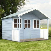 Light blue wooden playhouse with white trim, front porch, and four square windows, set on grass.