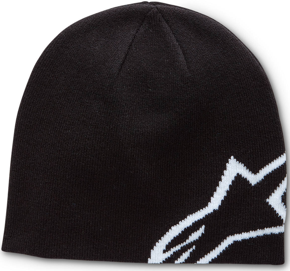Black and grey Alpinestars Corp Shift beanie for men, featuring a snug fit and a prominent white logo design on the side, made from soft, stretchy knit material.