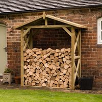 Forest Apex Large Logstore, wooden structure with slanted roof, filled with stacked logs, against brick wall.