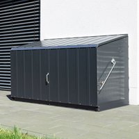 Anthracite metal garden storage shed with sloped roof and side handle, measuring 6'4 x 2'9 by Trimetals.