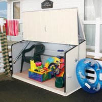 Cream Trimetals Storeguard metal garden storage shed, open lid, revealing toys and garden tools inside.