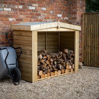 Wooden logstore with slanted roof, open front, and overlap panel design, filled with stacked logs.