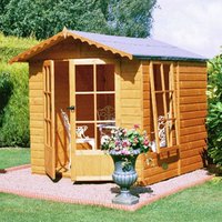 Shire Buckingham Garden Summerhouse, wooden with double doors, large windows, and pitched roof, on a brick patio.