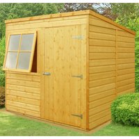 Wooden garden shed with shiplap cladding, single door, and window, measuring 6'7 x 7', in natural wood finish.