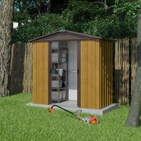 Woodview metal shed with brown wood-effect panels, double sliding doors, and a grey roof, set on a concrete base.